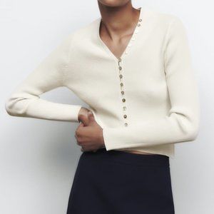 ZARA LINEN BLEND BUTTON-UP KNIT RIBBED BUTTON DETAIL TOP